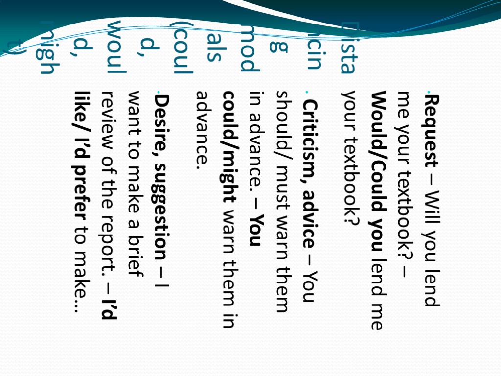 Distancing modals (could, would, might) Request – Will you lend me your textbook? –